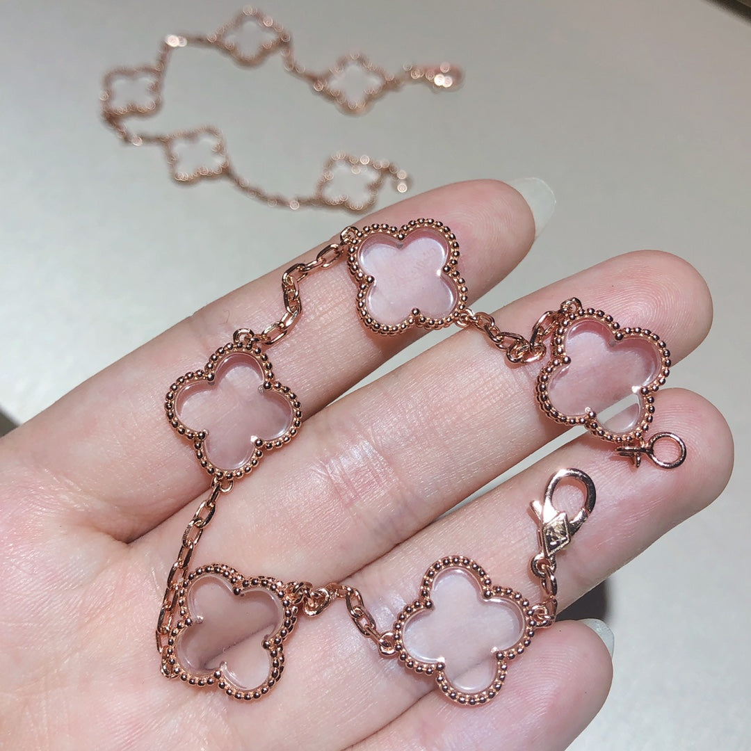 [vivabelle]CLOVER 5 MOTIF ROCK CRYSTAL PINK GOLD BRACELET