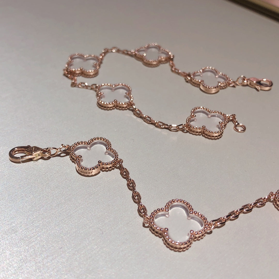 [vivabelle]CLOVER 5 MOTIF ROCK CRYSTAL PINK GOLD BRACELET