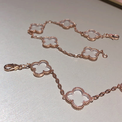 [vivabelle]CLOVER 5 MOTIF ROCK CRYSTAL PINK GOLD BRACELET