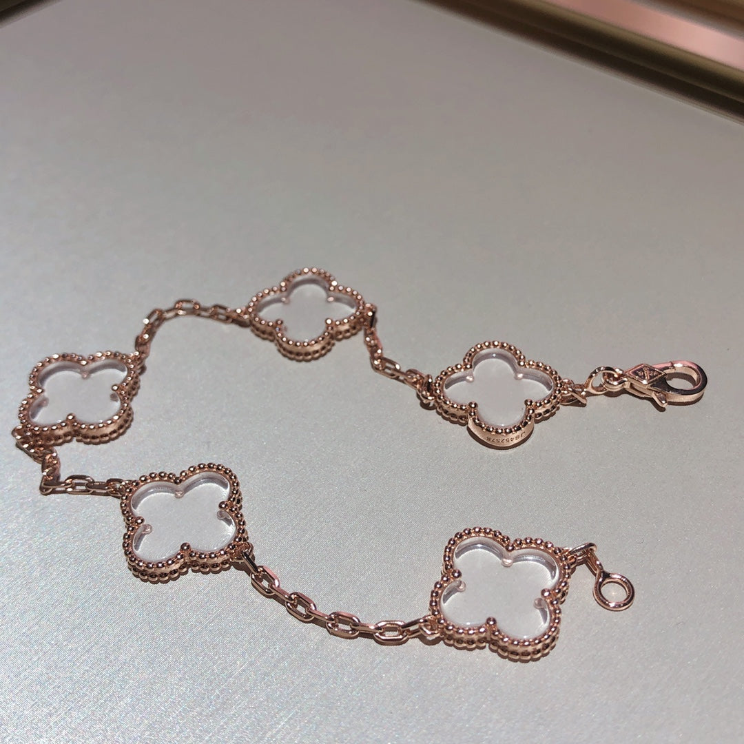 [vivabelle]CLOVER 5 MOTIF ROCK CRYSTAL PINK GOLD BRACELET