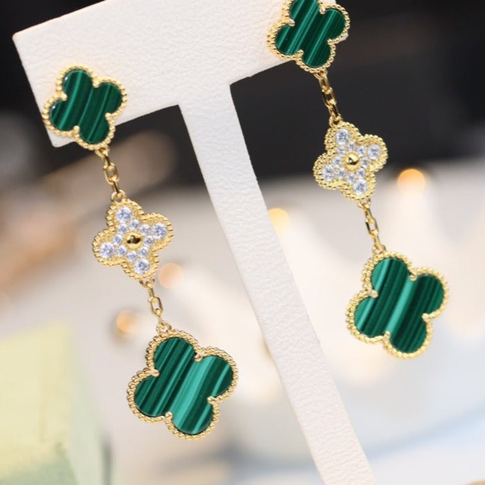 [vivabelle]CLOVER OHRRINGE GOLD MALACHIT DIAMANT 3 MOTIV