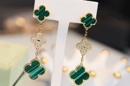 [vivabelle]CLOVER OHRRINGE GOLD MALACHIT DIAMANT 3 MOTIV