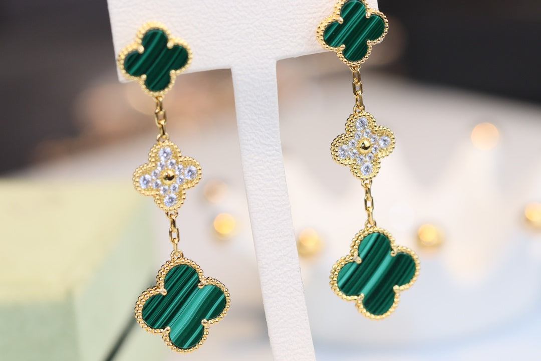[vivabelle]CLOVER OHRRINGE GOLD MALACHIT DIAMANT 3 MOTIV