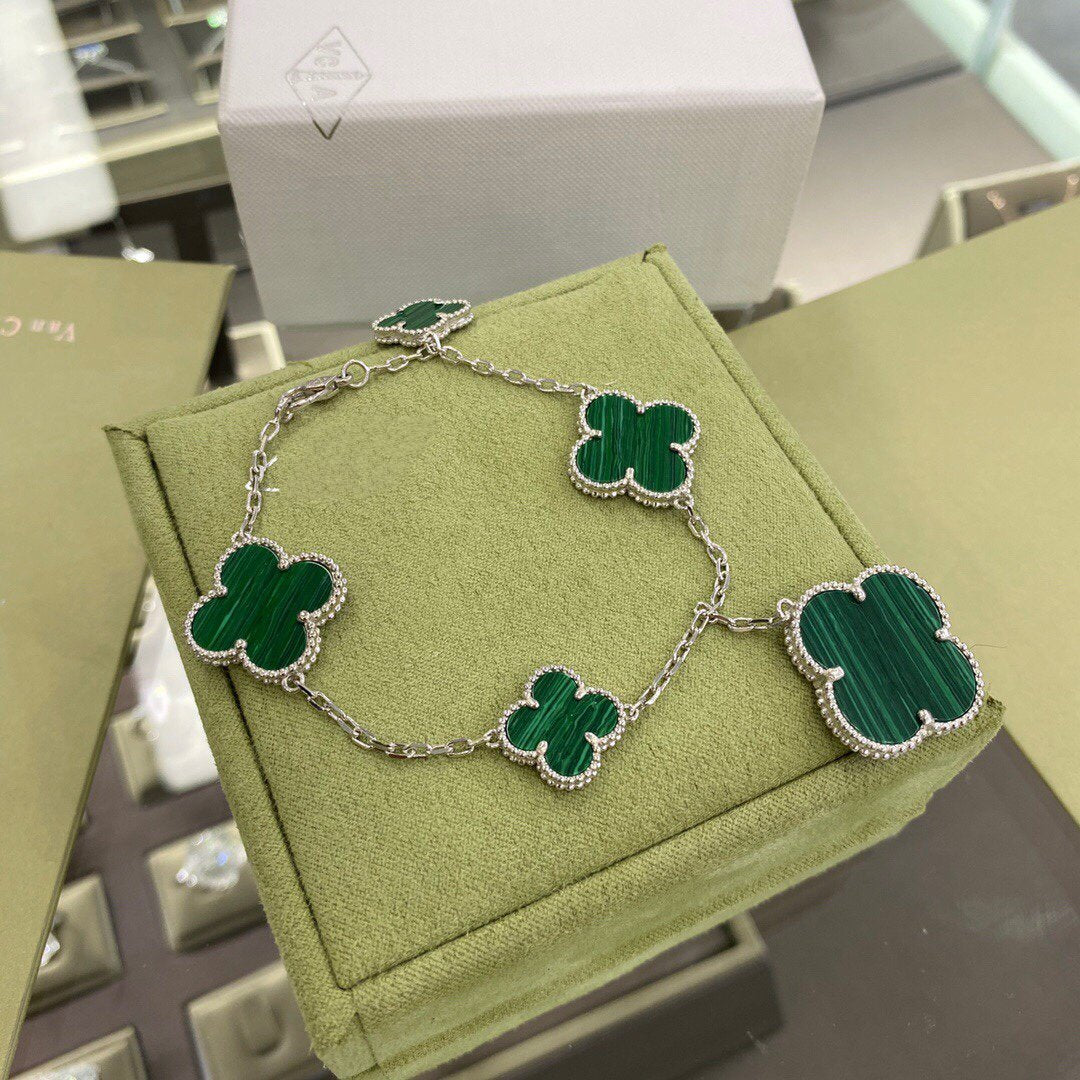 [vivabelle]CLOVER 5 MOTIFS SIVLER MALACHITE BRACELET