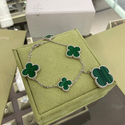 [vivabelle]CLOVER 5 MOTIFS SIVLER MALACHITE BRACELET