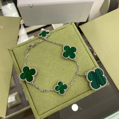 [vivabelle]CLOVER 5 MOTIFS SIVLER MALACHITE BRACELET