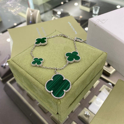 [vivabelle]CLOVER 5 MOTIFS SIVLER MALACHITE BRACELET