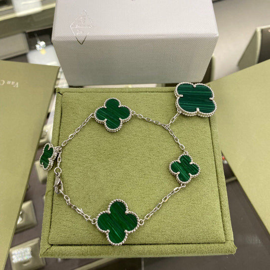 [vivabelle]CLOVER 5 MOTIFS SIVLER MALACHITE BRACELET