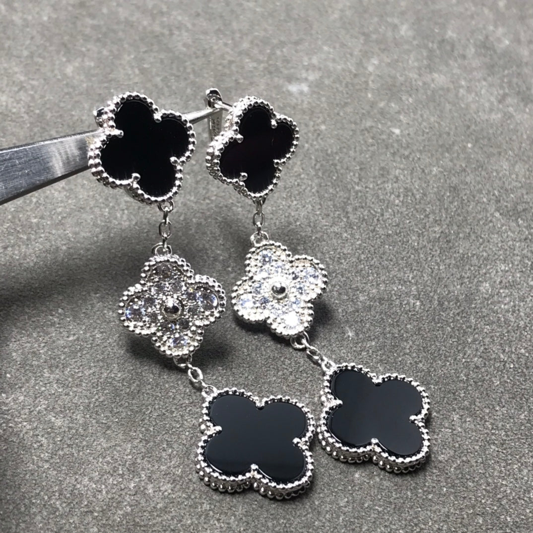 [vivabelle]KLEEBLATT 3 MOTIV DIAMANT ONYX SILBER OHRRINGE