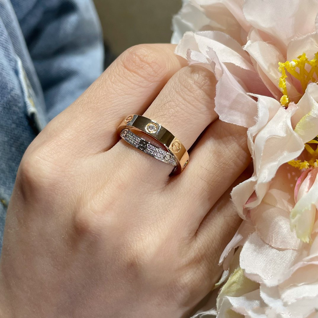 [vivabelle]LOVE PINK GOLD SILVER DIAMOND DOUBLE RING