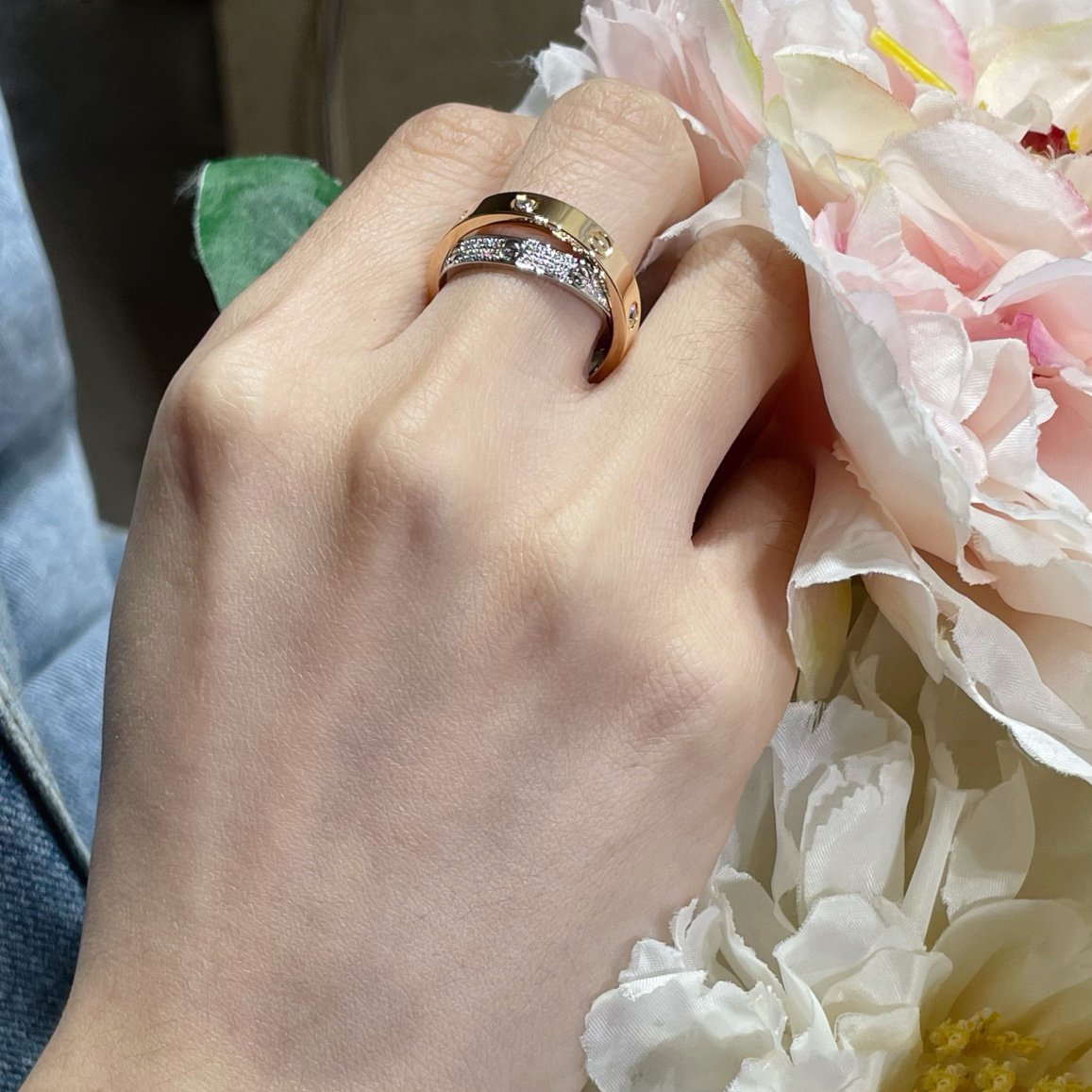 [vivabelle]LOVE PINK GOLD SILVER DIAMOND DOUBLE RING