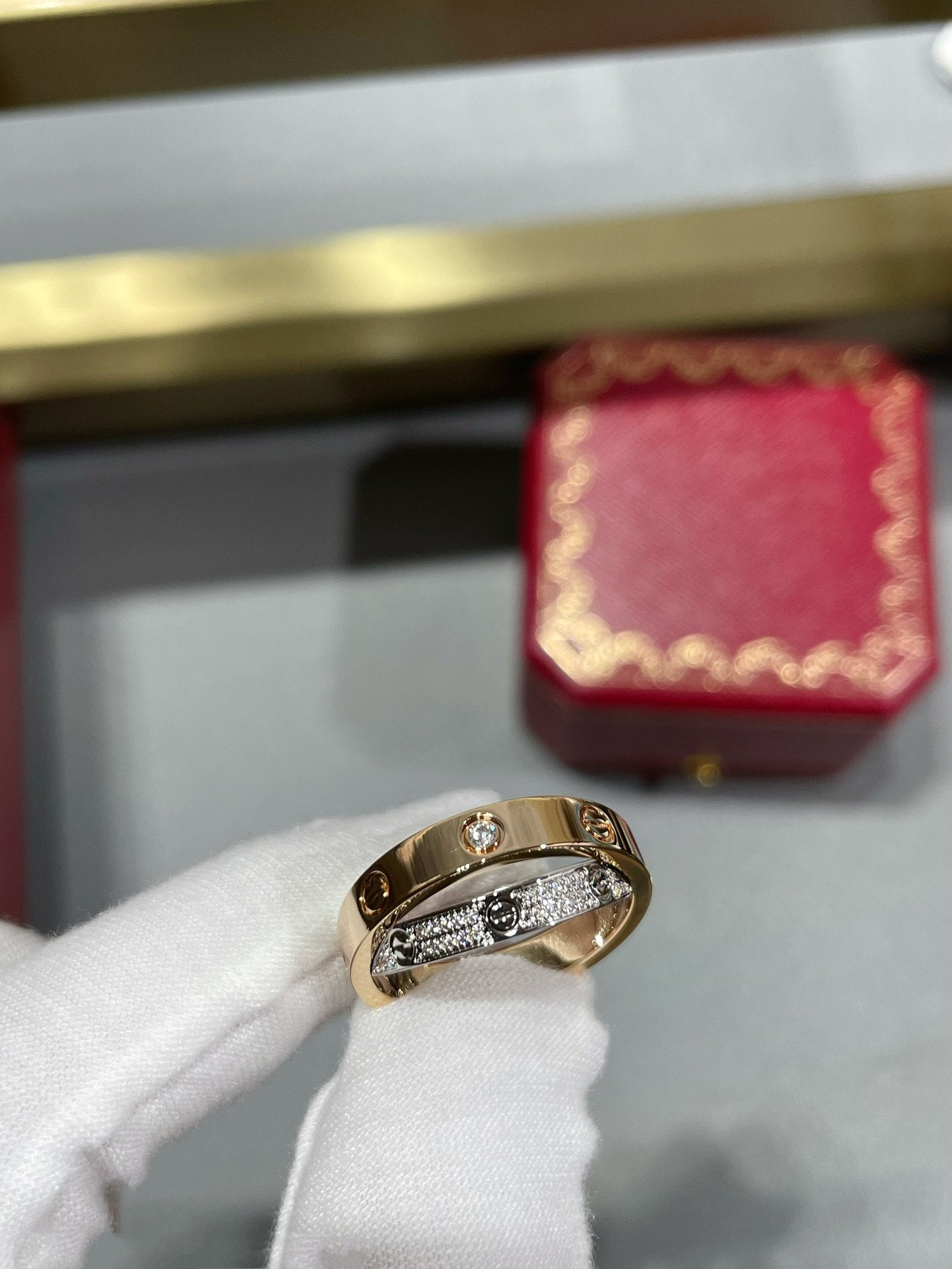 [vivabelle]LOVE PINK GOLD SILVER DIAMOND DOUBLE RING