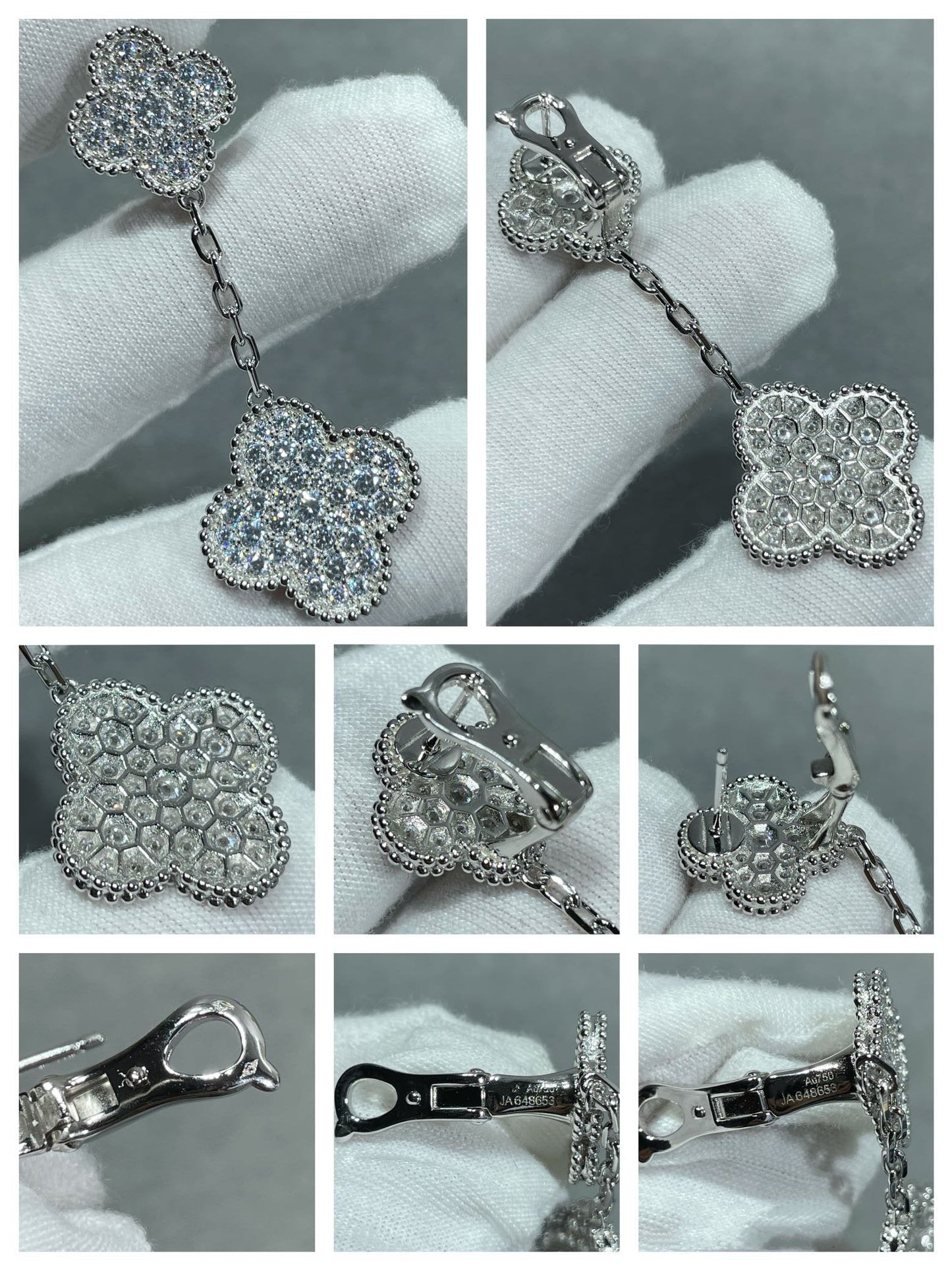 [vivabelle]CLOVER 2 MOTIFS DIAMOND PAVED SILVER EARRINGS