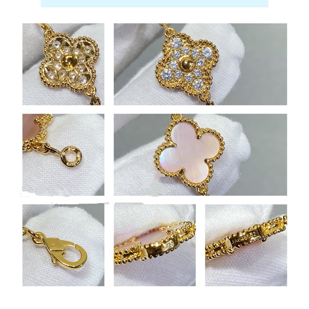 [vivabelle] Armband mit Kleeblatt-Motiv und 5 Diamanten in Rosa und Perlmutt-Rotgold