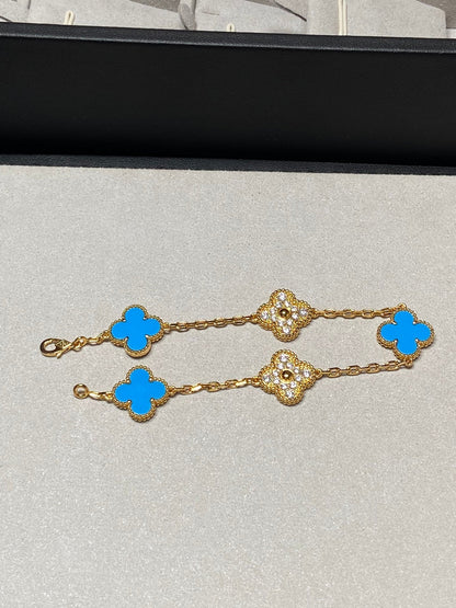 [vivabelle]Klee 5 Motiv Blau Chalzedon Diamant Gold Armband 