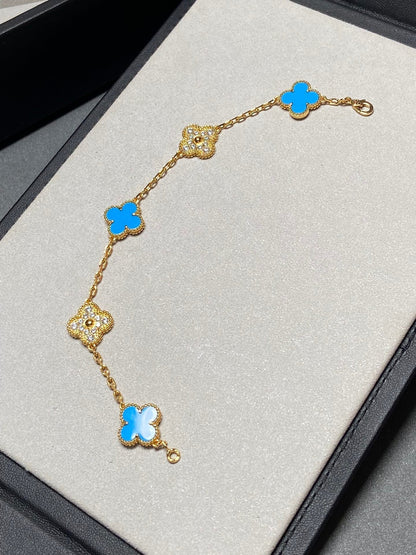 [vivabelle]Klee 5 Motiv Blau Chalzedon Diamant Gold Armband 