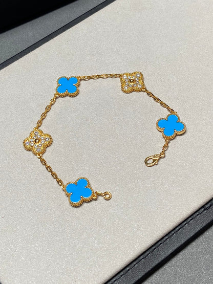 [vivabelle]Klee 5 Motiv Blau Chalzedon Diamant Gold Armband 