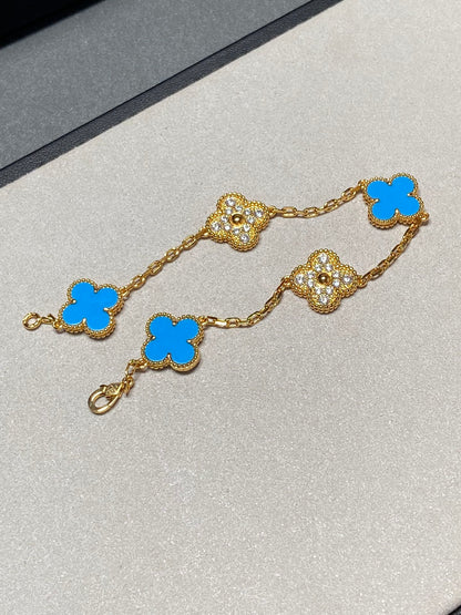 [vivabelle]Klee 5 Motiv Blau Chalzedon Diamant Gold Armband 