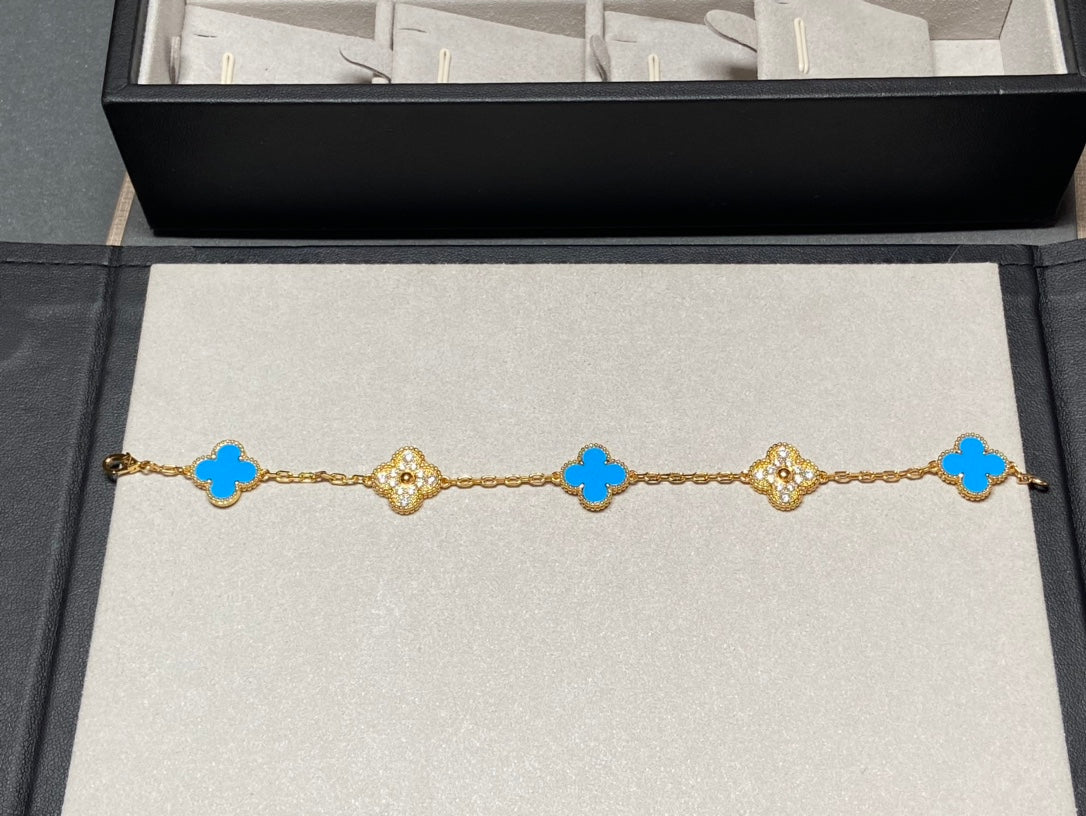 [vivabelle]Klee 5 Motiv Blau Chalzedon Diamant Gold Armband 