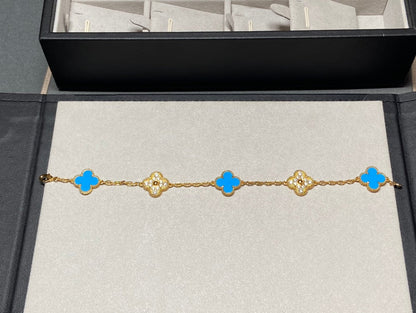 [vivabelle]Klee 5 Motiv Blau Chalzedon Diamant Gold Armband 