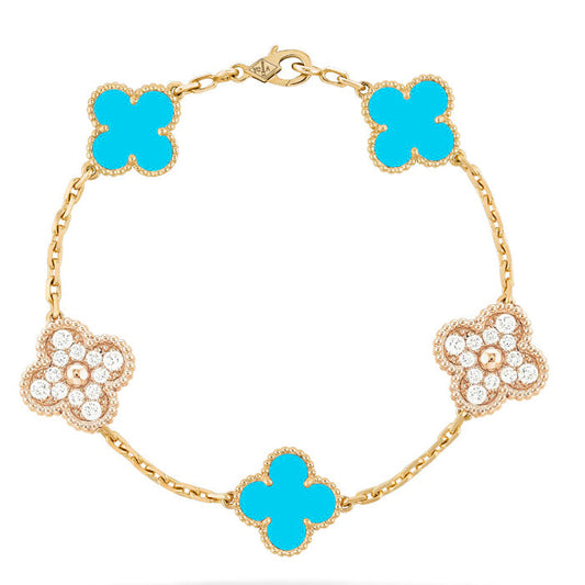 [vivabelle]Klee 5 Motiv Türkis Diamant Gold Armband