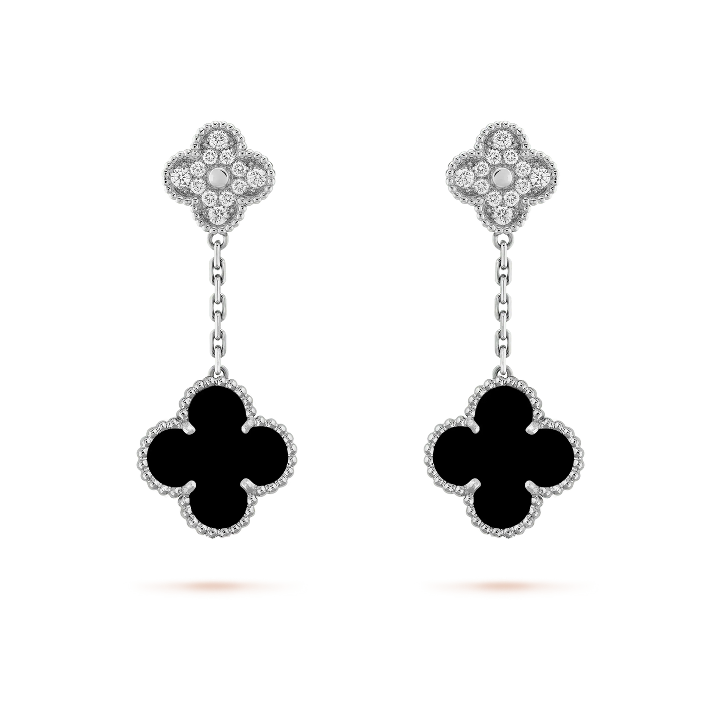 [vivabelle]CLOVER 2 MOTIFS  DIAMOND ONYX EARRINGS SILVER