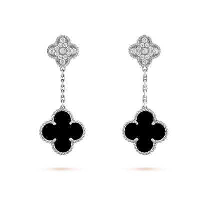 [vivabelle]CLOVER 2 MOTIFS  DIAMOND ONYX EARRINGS SILVER