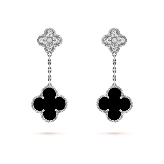 [vivabelle]CLOVER 2 MOTIFS  DIAMOND ONYX EARRINGS SILVER