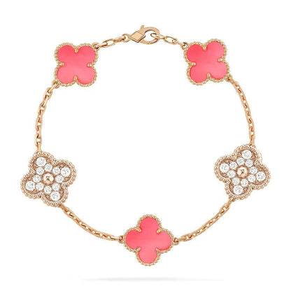 [vivabelle] Armband mit Kleeblatt-Motiv und 5 Diamanten in Rosa und Perlmutt-Rotgold