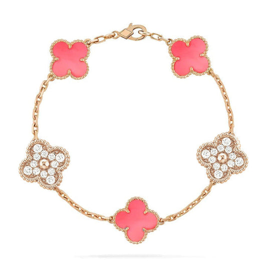 [vivabelle] Armband mit Kleeblatt-Motiv und 5 Diamanten in Rosa und Perlmutt-Rotgold