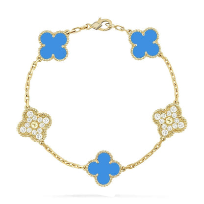 [vivabelle]Klee 5 Motiv Blau Chalzedon Diamant Gold Armband 