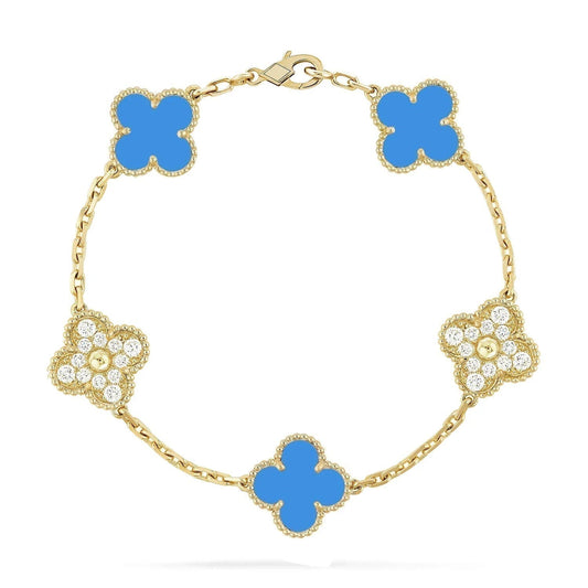 [vivabelle]Klee 5 Motiv Blau Chalzedon Diamant Gold Armband 
