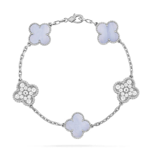 [vivabelle]CLOVER 5 MOTIV DIAMANT LILA CHALCEDON ARMBAND SILBER 