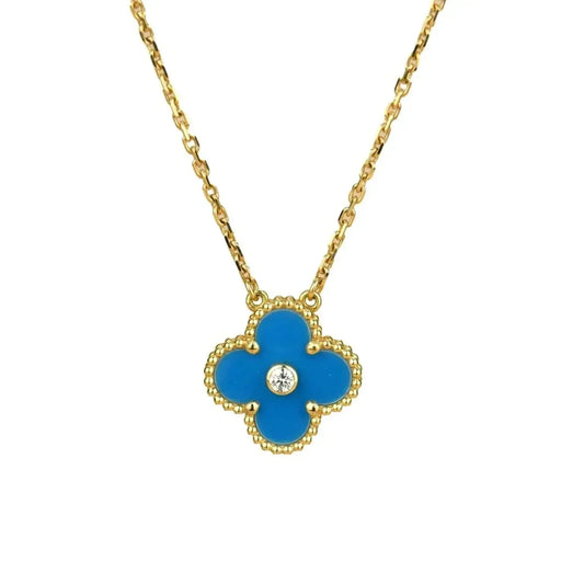[vivabelle]CLOVER 15MM DIAMOND AND BLUE AGATE NECKLACE