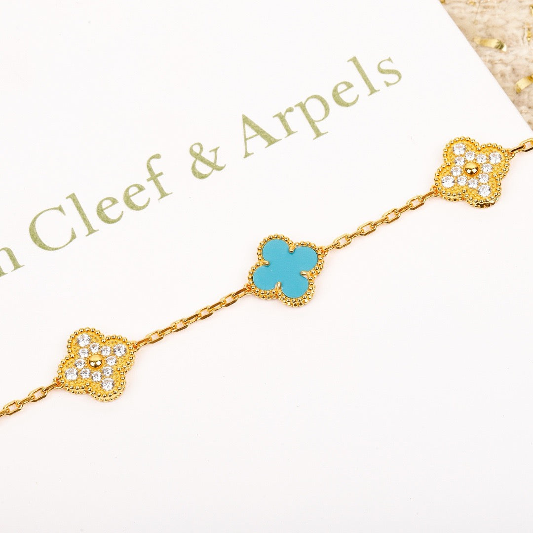 [vivabelle]Klee 5 Motiv Türkis Diamant Gold Armband