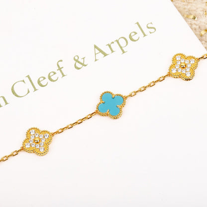[vivabelle]Klee 5 Motiv Türkis Diamant Gold Armband