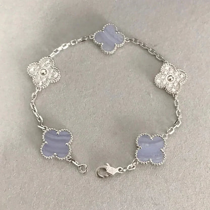 [vivabelle]CLOVER 5 MOTIV DIAMANT LILA CHALCEDON ARMBAND SILBER 