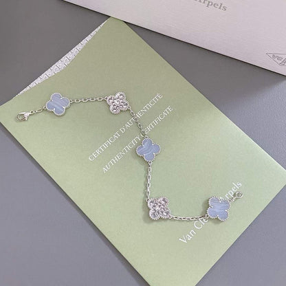 [vivabelle]CLOVER 5 MOTIV DIAMANT LILA CHALCEDON ARMBAND SILBER 