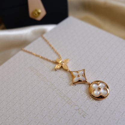 [vivabelle]COLOR BLOSSOM LARIAT NECKLACE PINK GOLD WHITE MOTHER PEARL AND DIAMOND