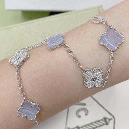 [vivabelle]CLOVER 5 MOTIV DIAMANT LILA CHALCEDON ARMBAND SILBER 